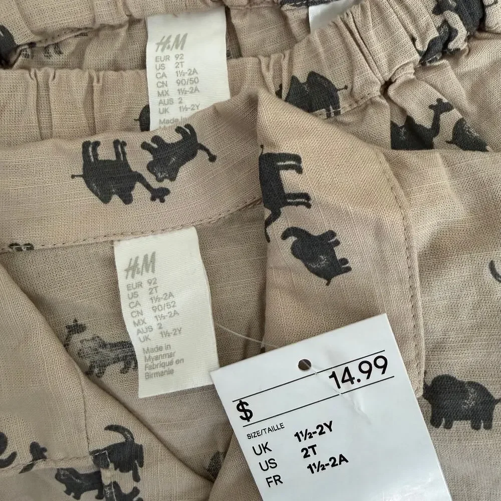 H&M Toddler Boy Tan Safari Desert Animal Print Button Up Shirt Shorts Set